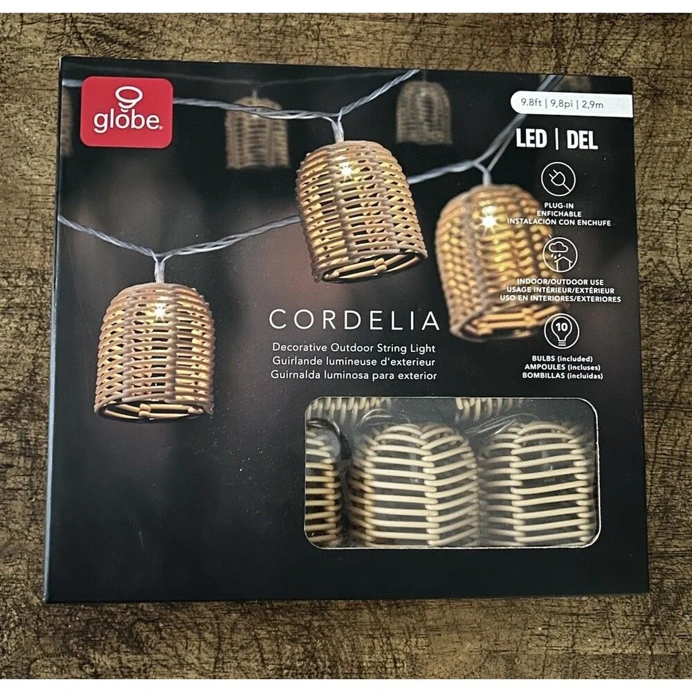 Globe Cordelia Outdoor string Lights 9.8 Ft 10 Lights Ratan Look Basket Corded